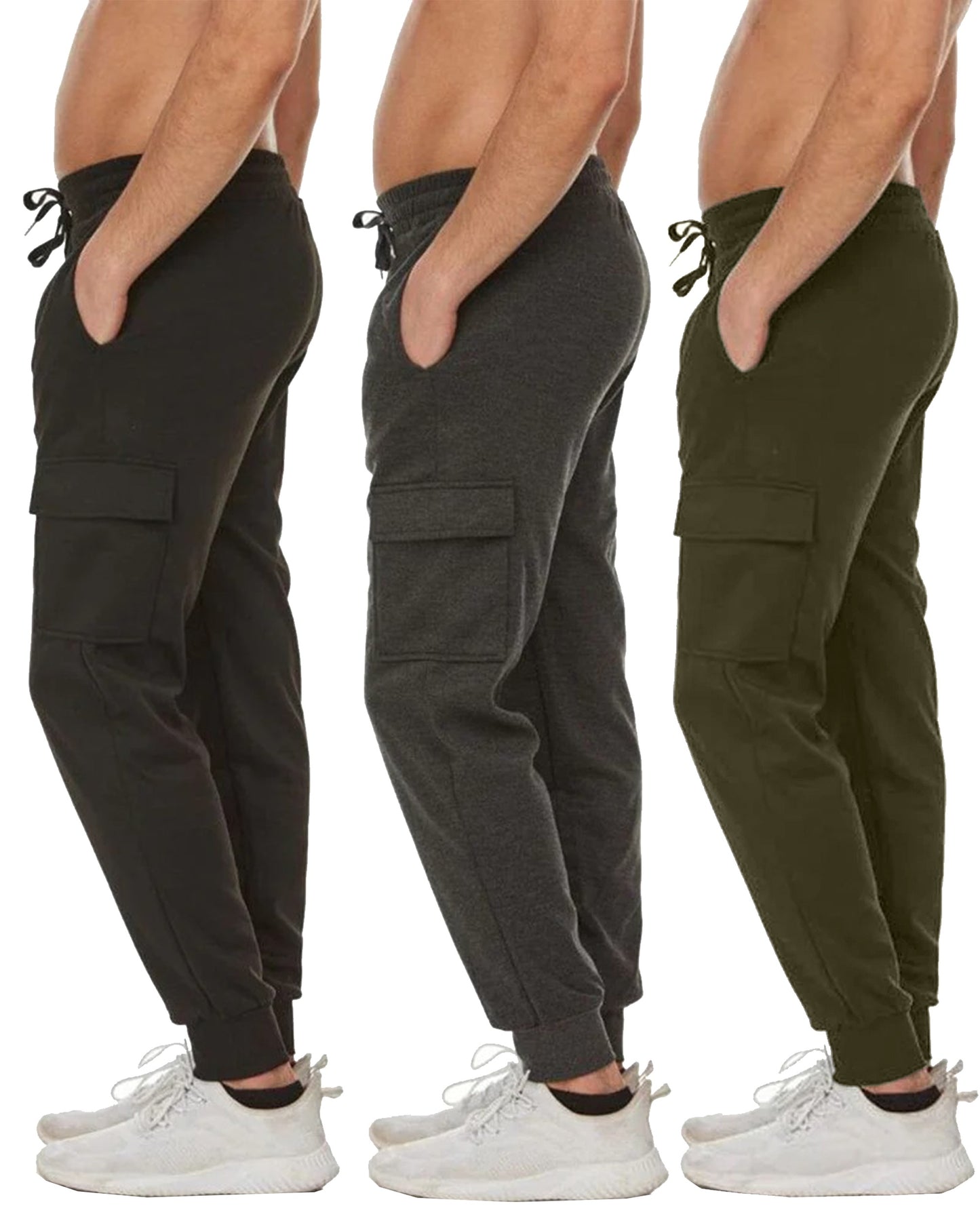 3-Pack Men's Slim Fit Fleece Jogger Sweatpants with Cargo Pockets (S-2XL)