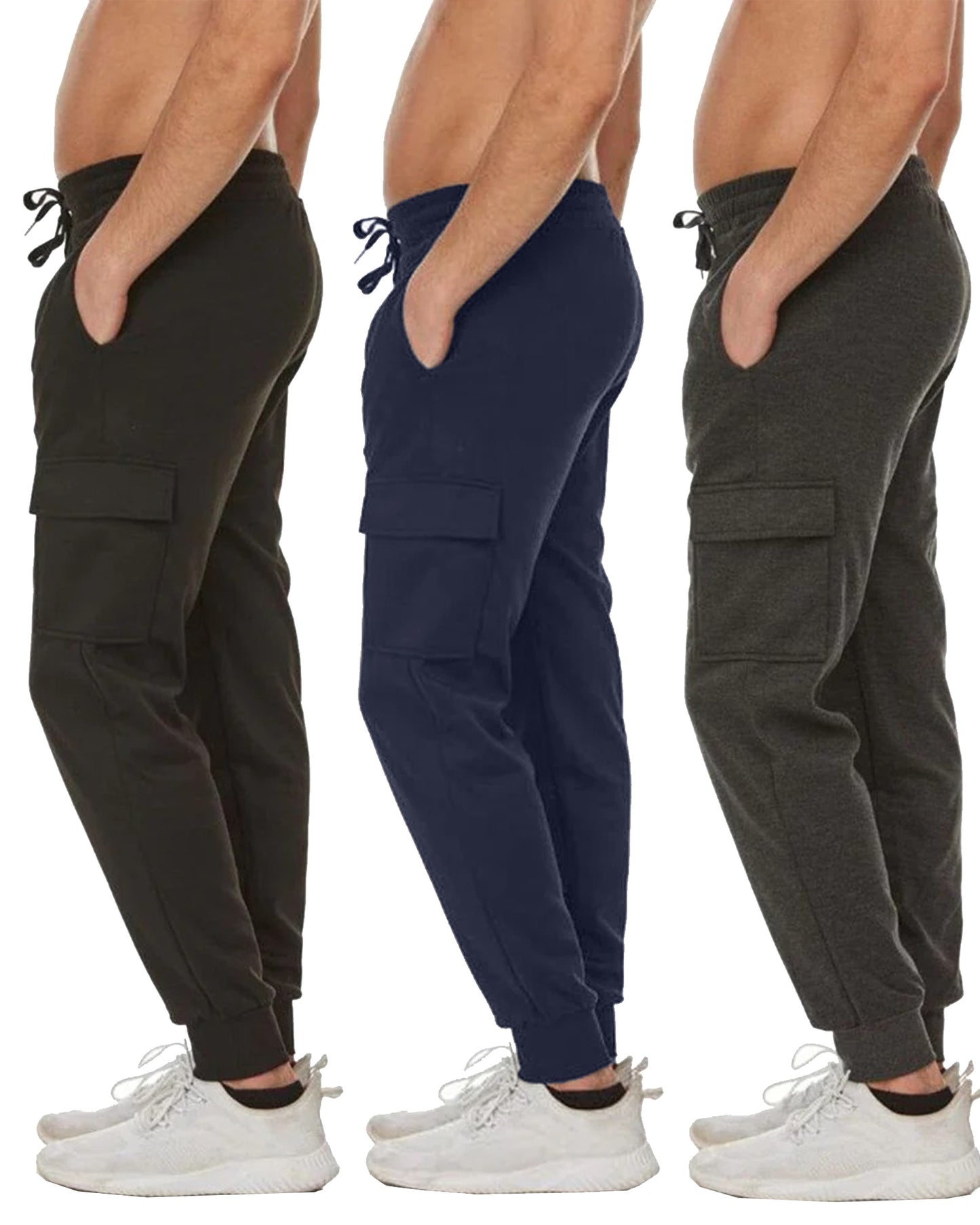 3-Pack Men's Slim Fit Fleece Jogger Sweatpants with Cargo Pockets (S-2XL)