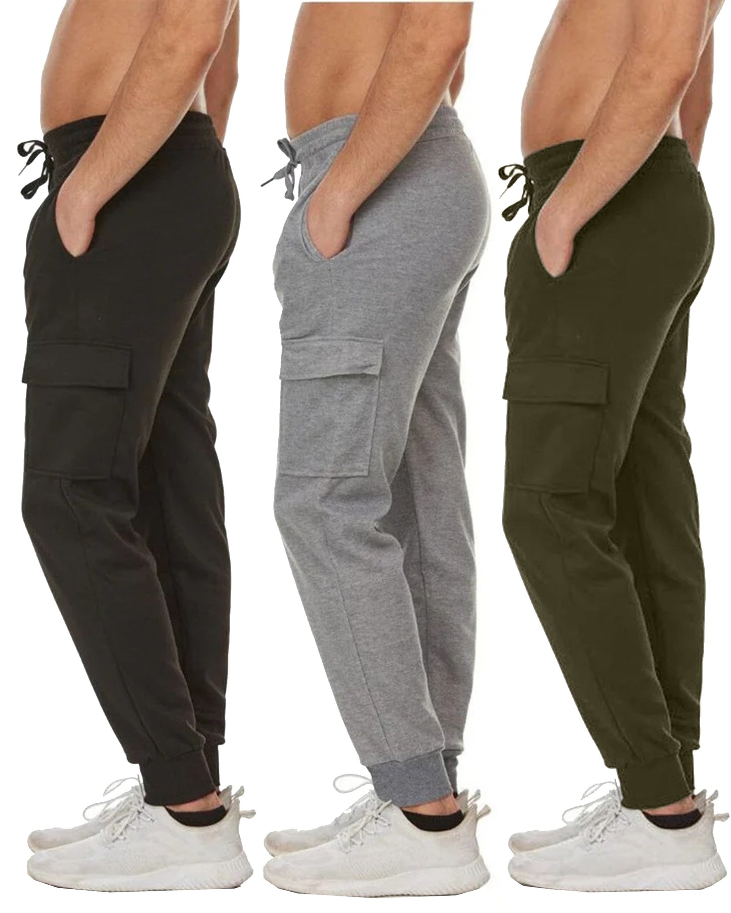 3-Pack Men's Slim Fit Fleece Jogger Sweatpants with Cargo Pockets (S-2XL)