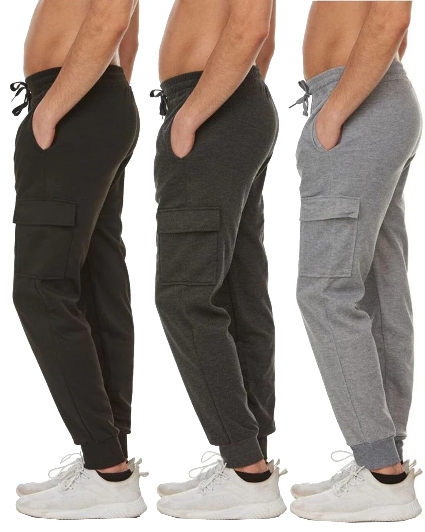 3-Pack Men's Slim Fit Fleece Jogger Sweatpants with Cargo Pockets (S-2XL)