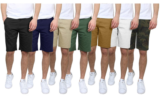 Paquete de 3 pantalones cortos chinos elásticos de algodón con frente plano y corte entallado para hombre (tallas 30-42)