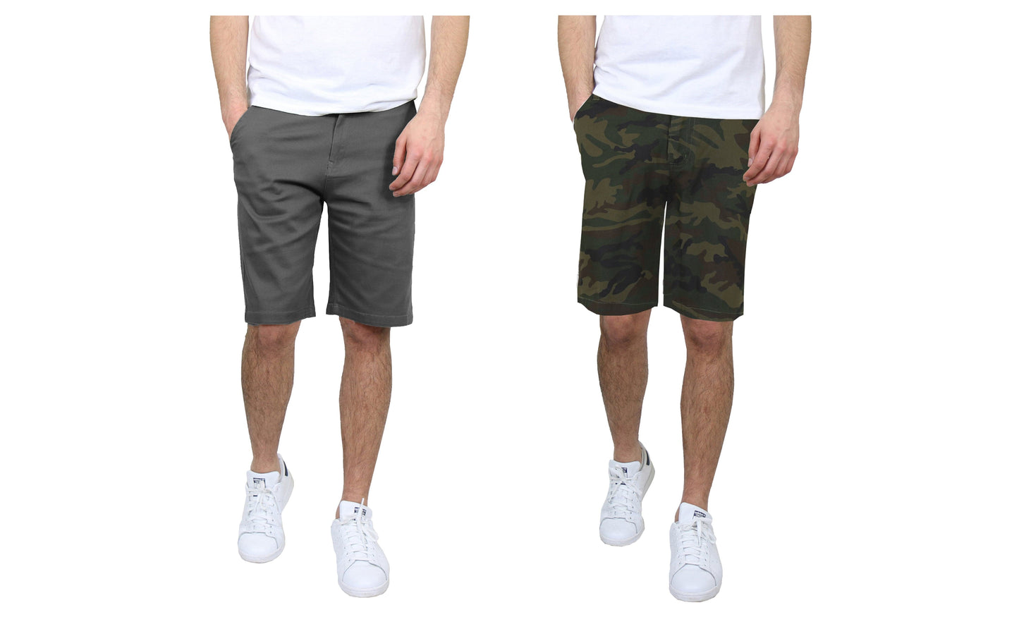 Paquete de 2 pantalones cortos chinos elásticos de algodón con frente plano y corte entallado para hombre (tallas 30-42)