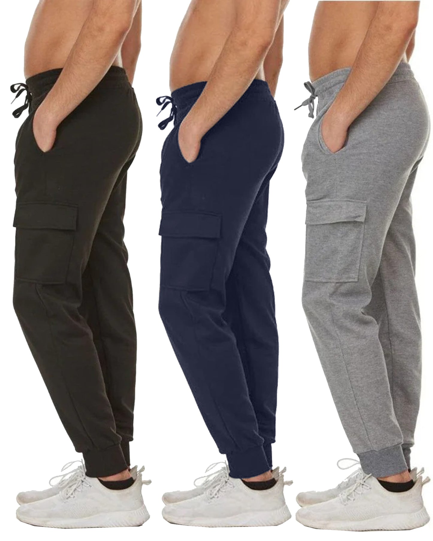 3-Pack Men's Slim Fit Fleece Jogger Sweatpants with Cargo Pockets (S-2XL)