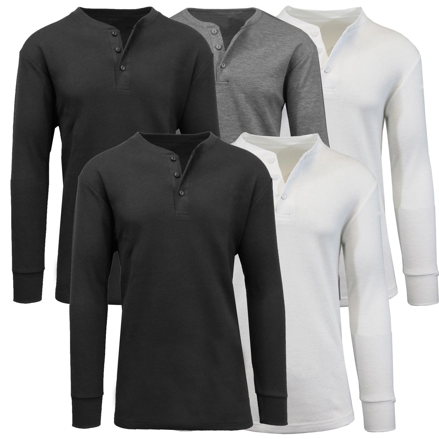 5-Pack Men's Thermal Shirts - Waffle Knit Henley & Crew Neck Styles, Long Sleeve, Soft & Warm Layers for Winter