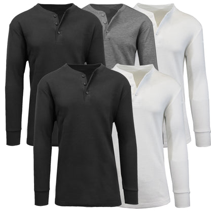 5-Pack Men's Thermal Shirts - Waffle Knit Henley & Crew Neck Styles, Long Sleeve, Soft & Warm Layers for Winter