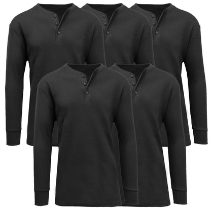 5-Pack Men's Thermal Shirts - Waffle Knit Henley & Crew Neck Styles, Long Sleeve, Soft & Warm Layers for Winter