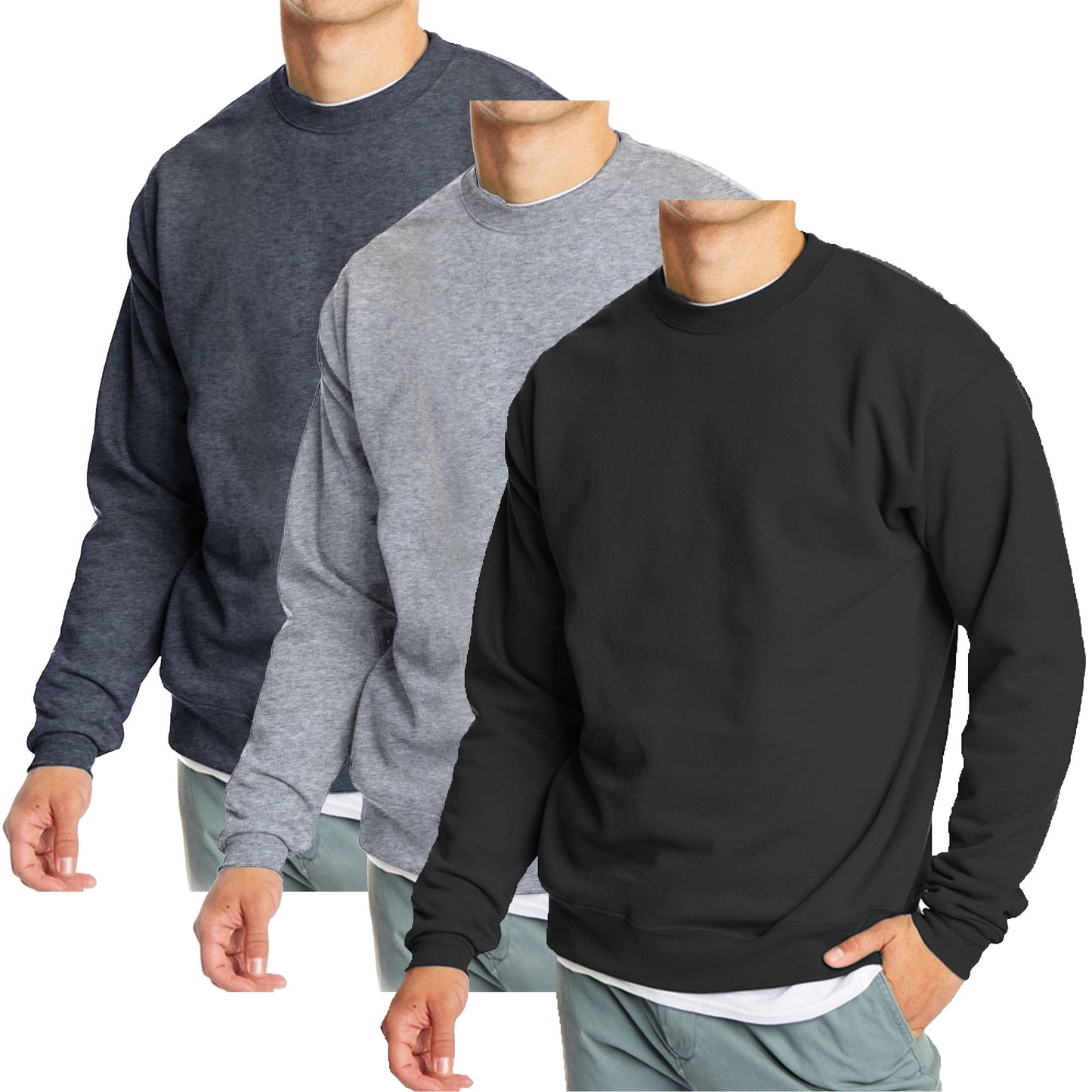3-Pack Men's Crew Neck Fleece-Lined Pullover Sweatshirt (S-2XL)