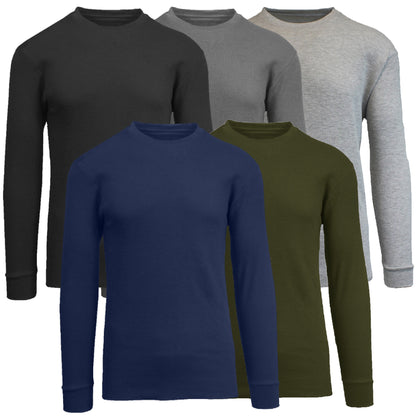 5-Pack Men's Thermal Shirts - Waffle Knit Henley & Crew Neck Styles, Long Sleeve, Soft & Warm Layers for Winter