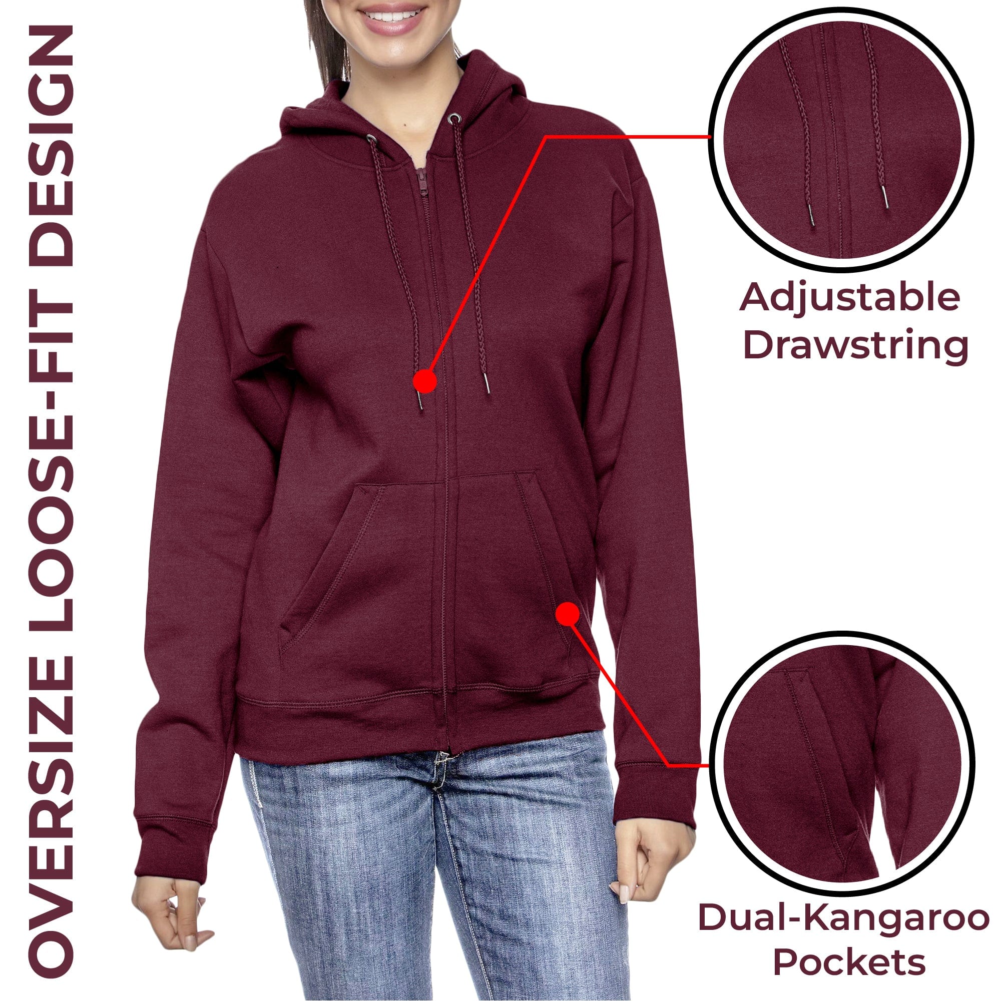 3-Pack] Women's Oversized Loose-Fit Fleece-Lined Full-Zip
