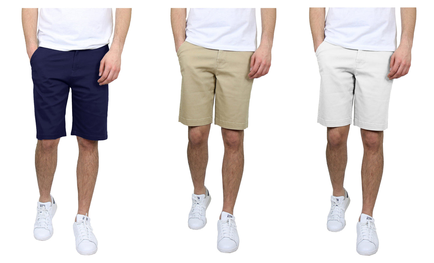 Paquete de 3 pantalones cortos chinos elásticos de algodón con frente plano y corte entallado para hombre (tallas 30-42)