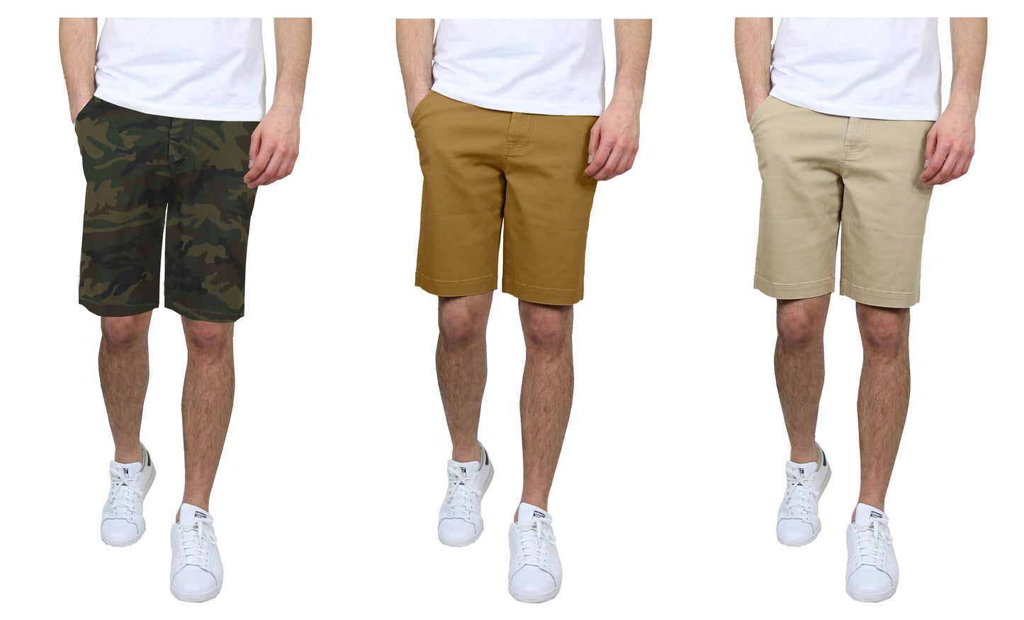 Paquete de 3 pantalones cortos chinos elásticos de algodón con frente plano y corte entallado para hombre (tallas 30-42)