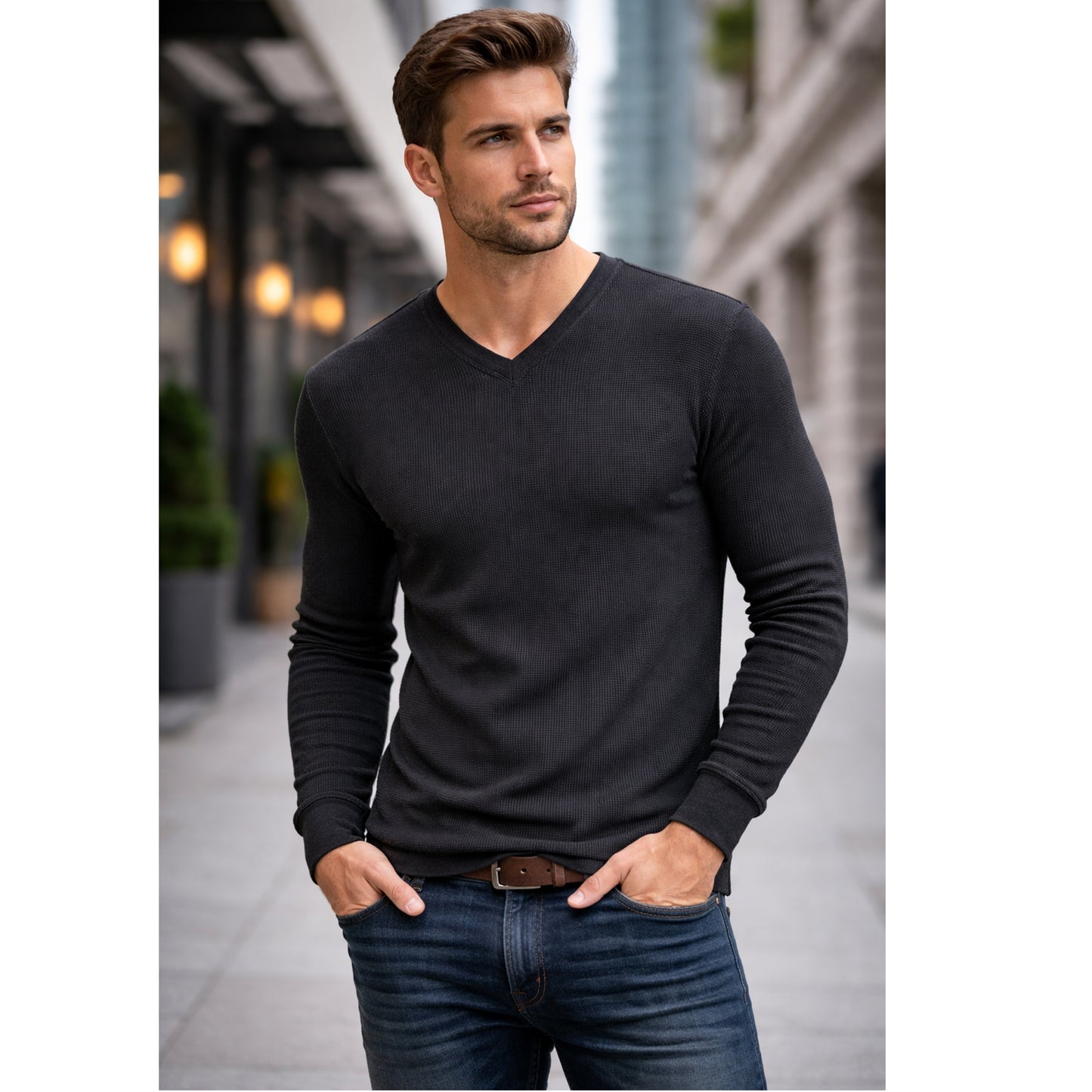 Men’s Long Sleeve Waffle Knit Thermal Shirt – V-Neck, Modern Fit, Warm Layering Top