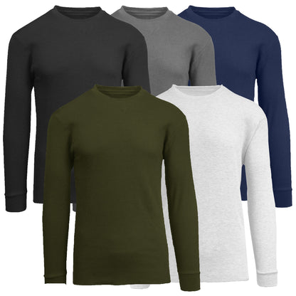 5-Pack Men's Thermal Shirts - Waffle Knit Henley & Crew Neck Styles, Long Sleeve, Soft & Warm Layers for Winter