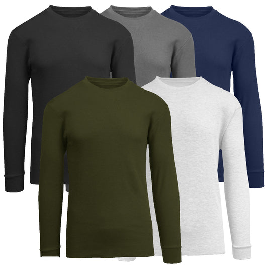 5-Pack Men's Thermal Shirts - Waffle Knit Henley & Crew Neck Styles, Long Sleeve, Soft & Warm Layers for Winter
