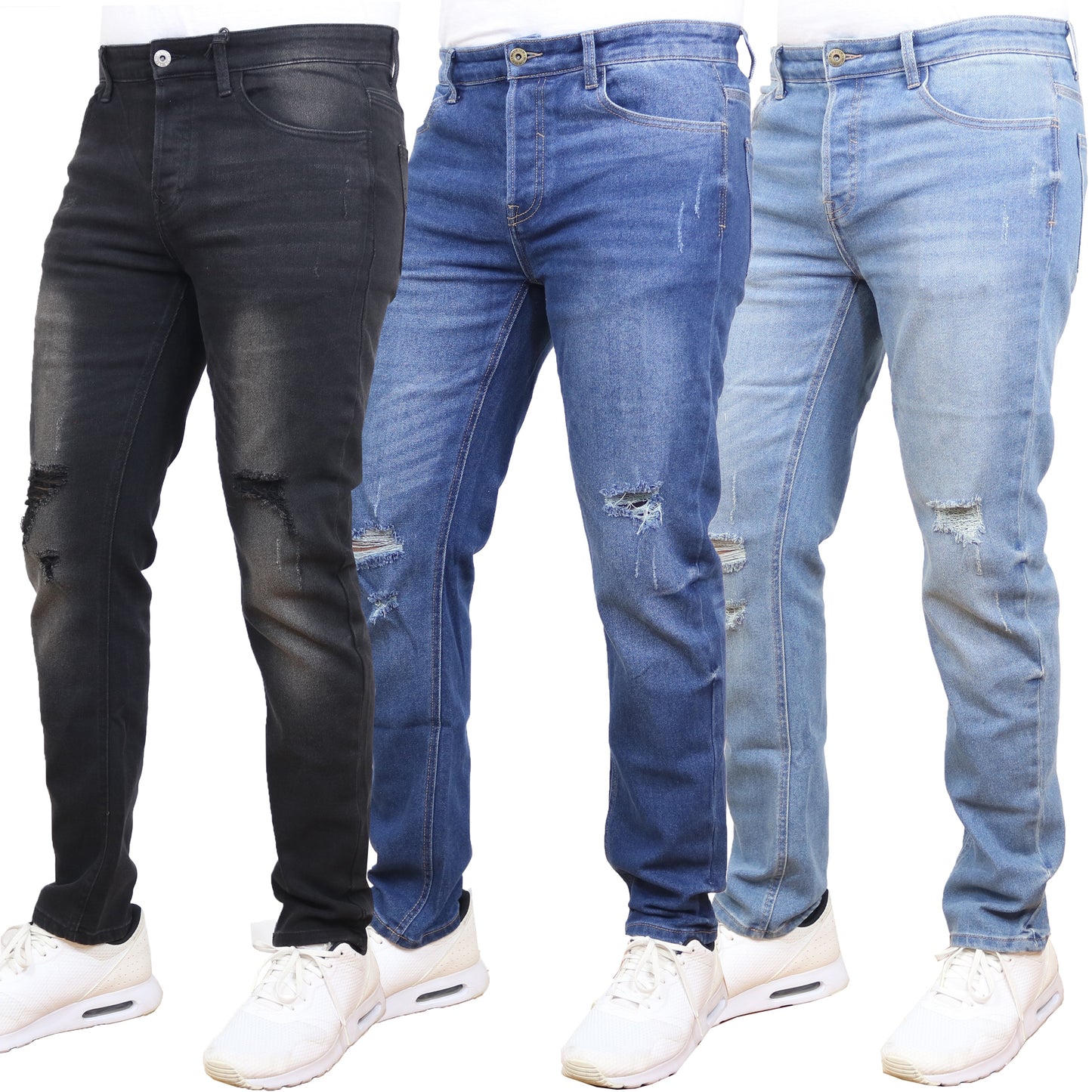 Men's 3-Pack Stretch Ripped Jeans - Authentic Denim Look with Flexibility & Comfort (Sizes: 30-42)