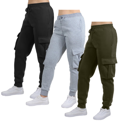 3-Pack Women's Loose Fit Fleece Jogger Sweatpants with Velcro Cargo Pockets (S-2XL)