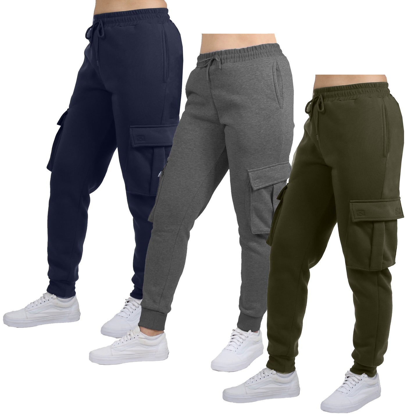 3-Pack Women's Loose Fit Fleece Jogger Sweatpants with Velcro Cargo Pockets (S-2XL)