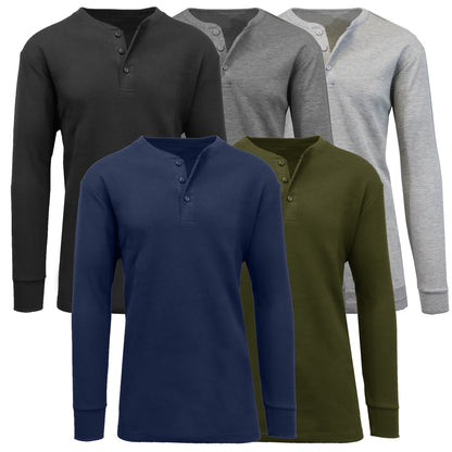 5-Pack Men's Thermal Shirts - Waffle Knit Henley & Crew Neck Styles, Long Sleeve, Soft & Warm Layers for Winter