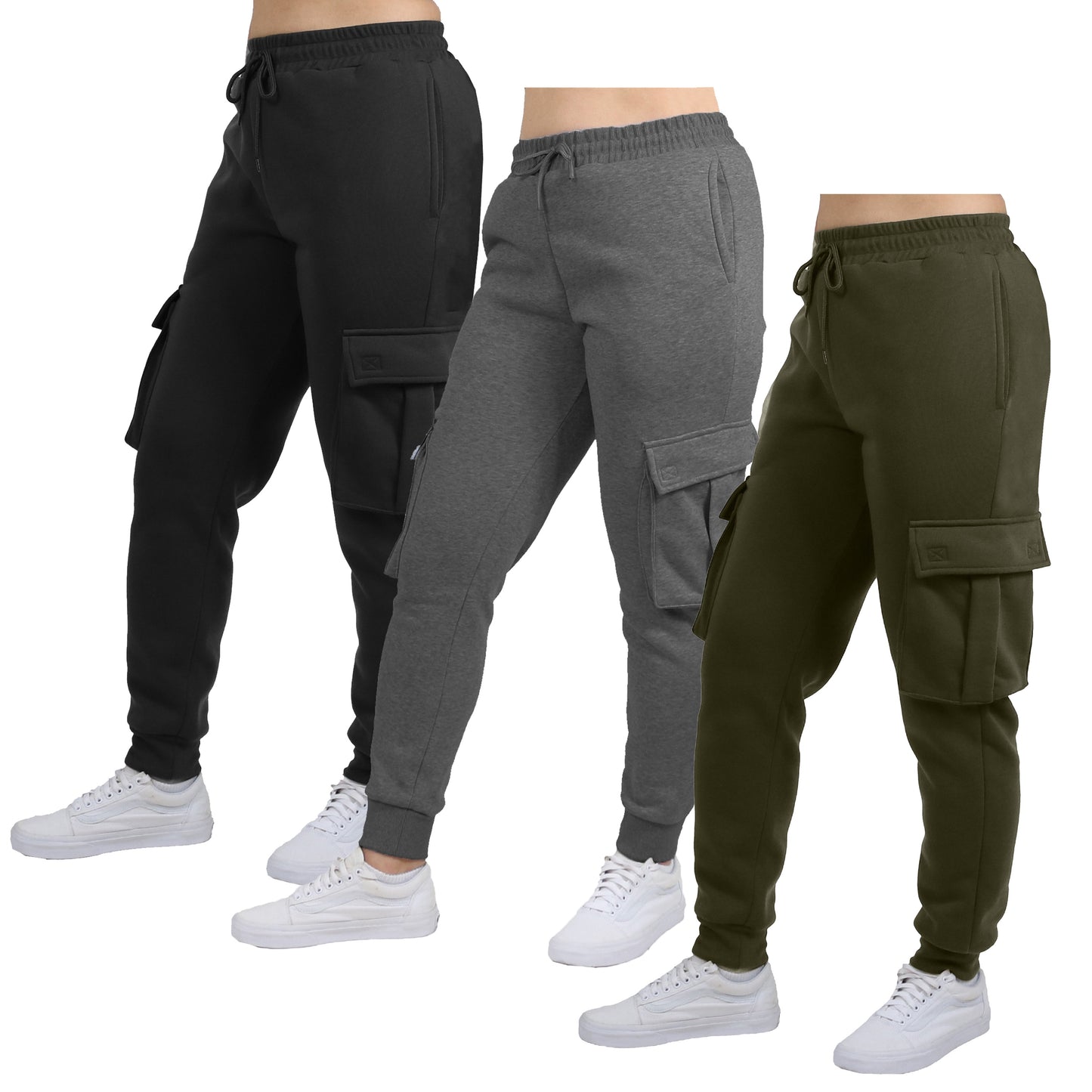 3-Pack Women's Loose Fit Fleece Jogger Sweatpants with Velcro Cargo Pockets (S-2XL)