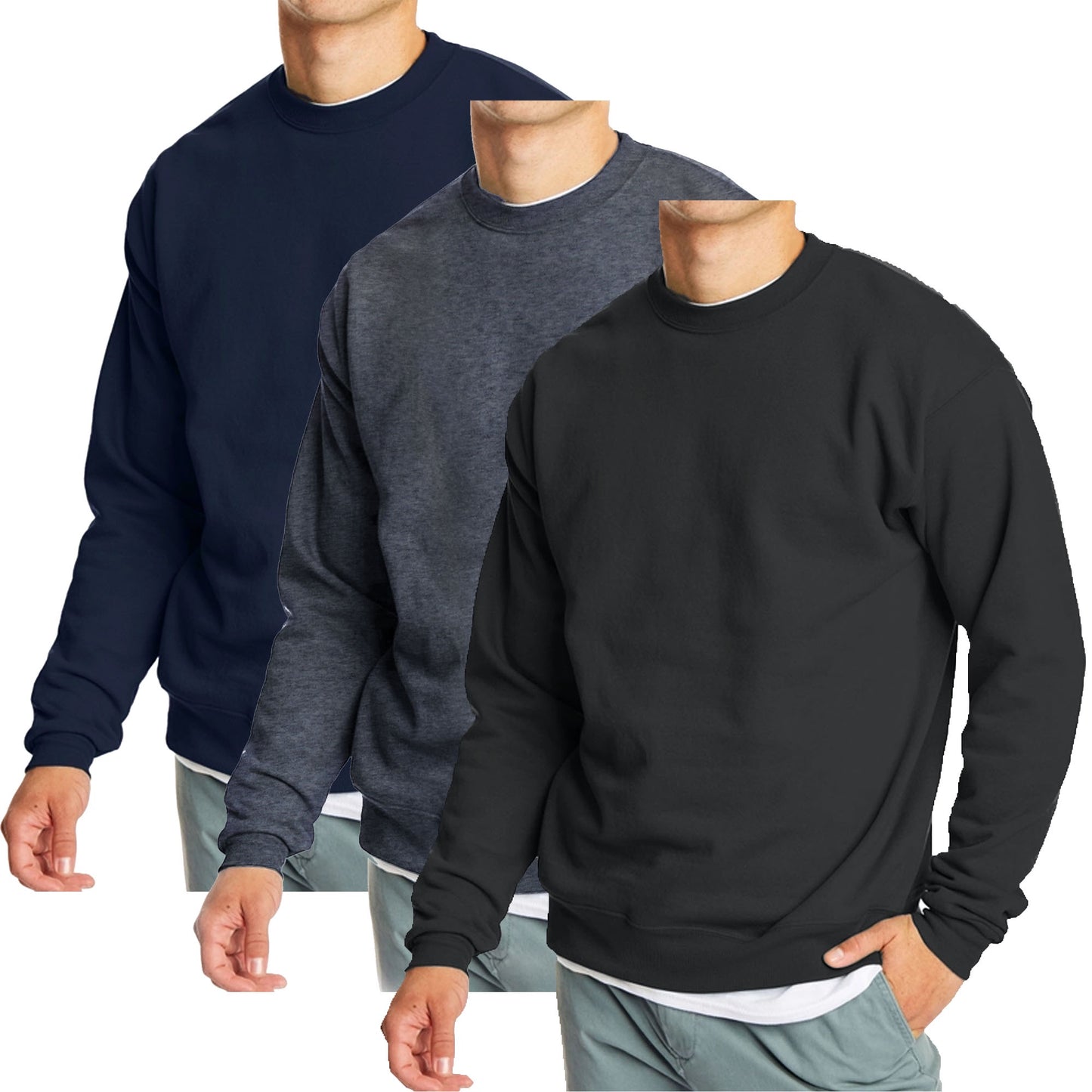 3-Pack Men's Crew Neck Fleece-Lined Pullover Sweatshirt (S-2XL)