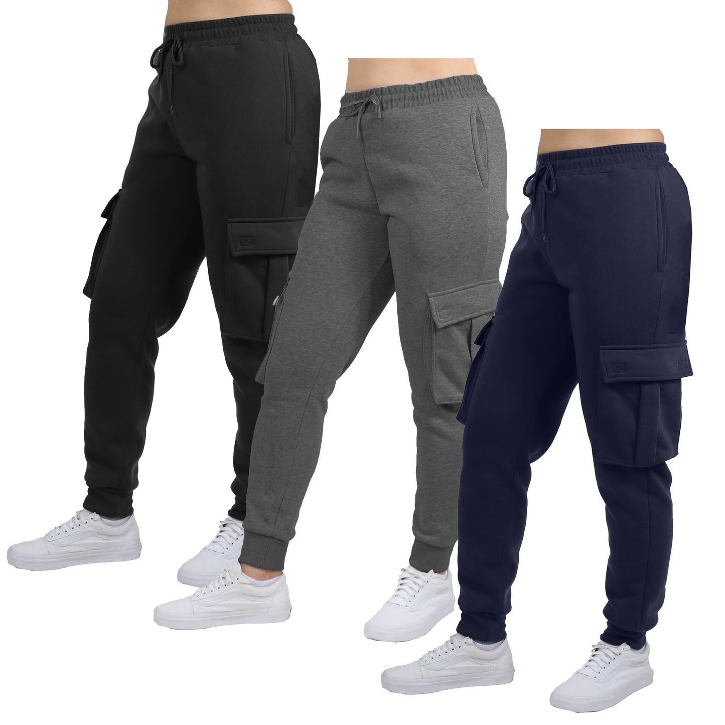 3-Pack Women's Loose Fit Fleece Jogger Sweatpants with Velcro Cargo Pockets (S-2XL)