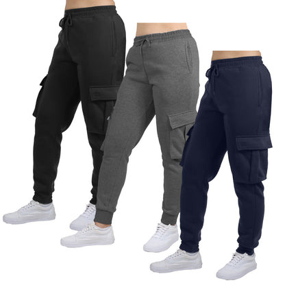 3-Pack Women's Loose Fit Fleece Jogger Sweatpants with Velcro Cargo Pockets (S-2XL)