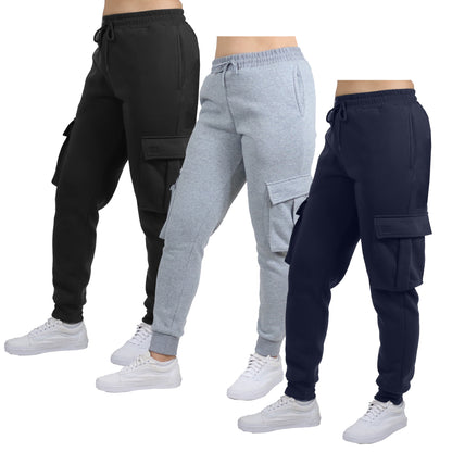 3-Pack Women's Loose Fit Fleece Jogger Sweatpants with Velcro Cargo Pockets (S-2XL)
