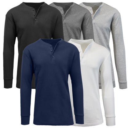5-Pack Men's Thermal Shirts - Waffle Knit Henley & Crew Neck Styles, Long Sleeve, Soft & Warm Layers for Winter