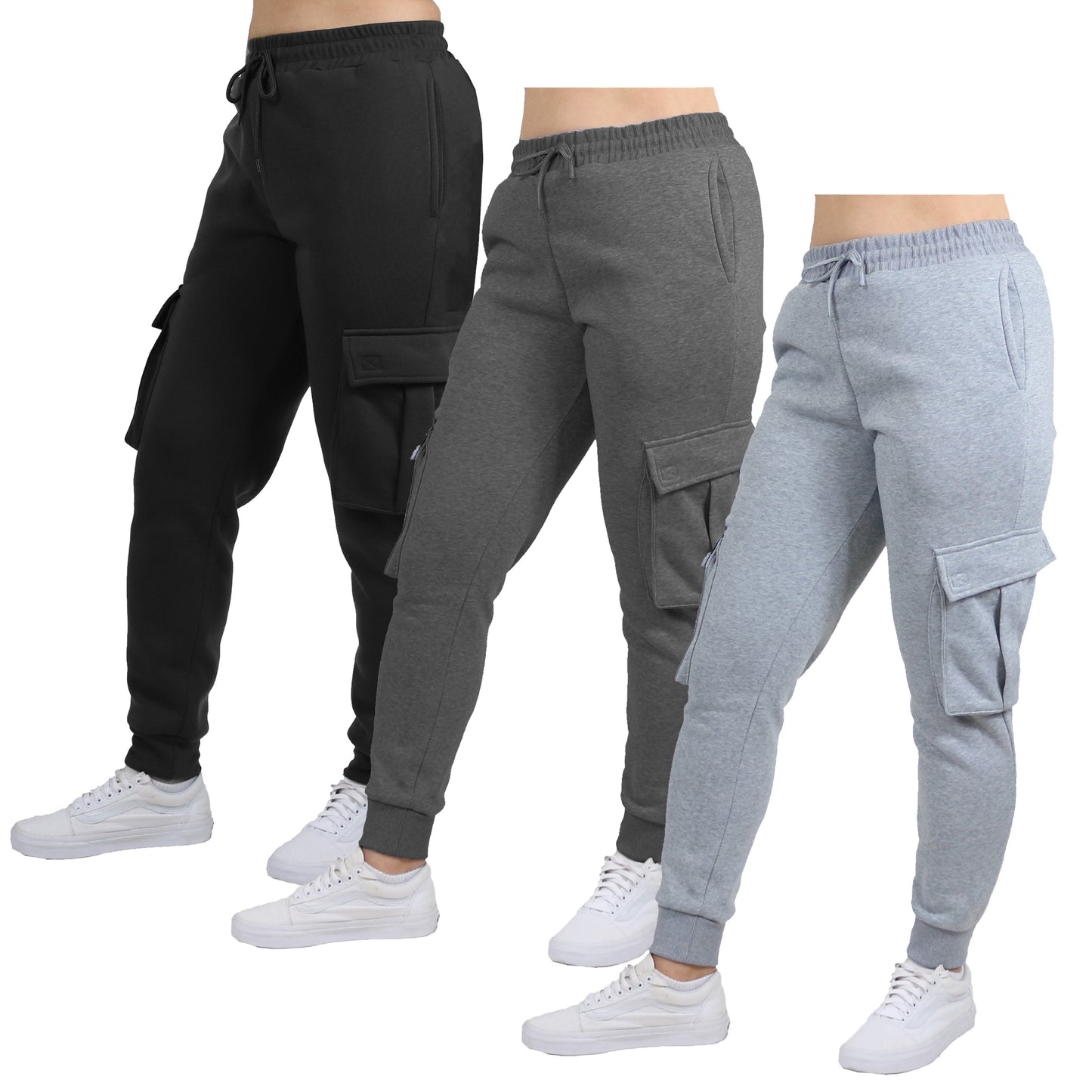 3-Pack Women's Loose Fit Fleece Jogger Sweatpants with Velcro Cargo Pockets (S-2XL)
