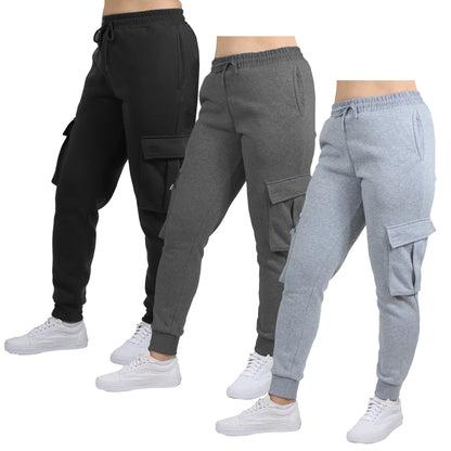 3-Pack Women's Loose Fit Fleece Jogger Sweatpants with Velcro Cargo Pockets (S-2XL)