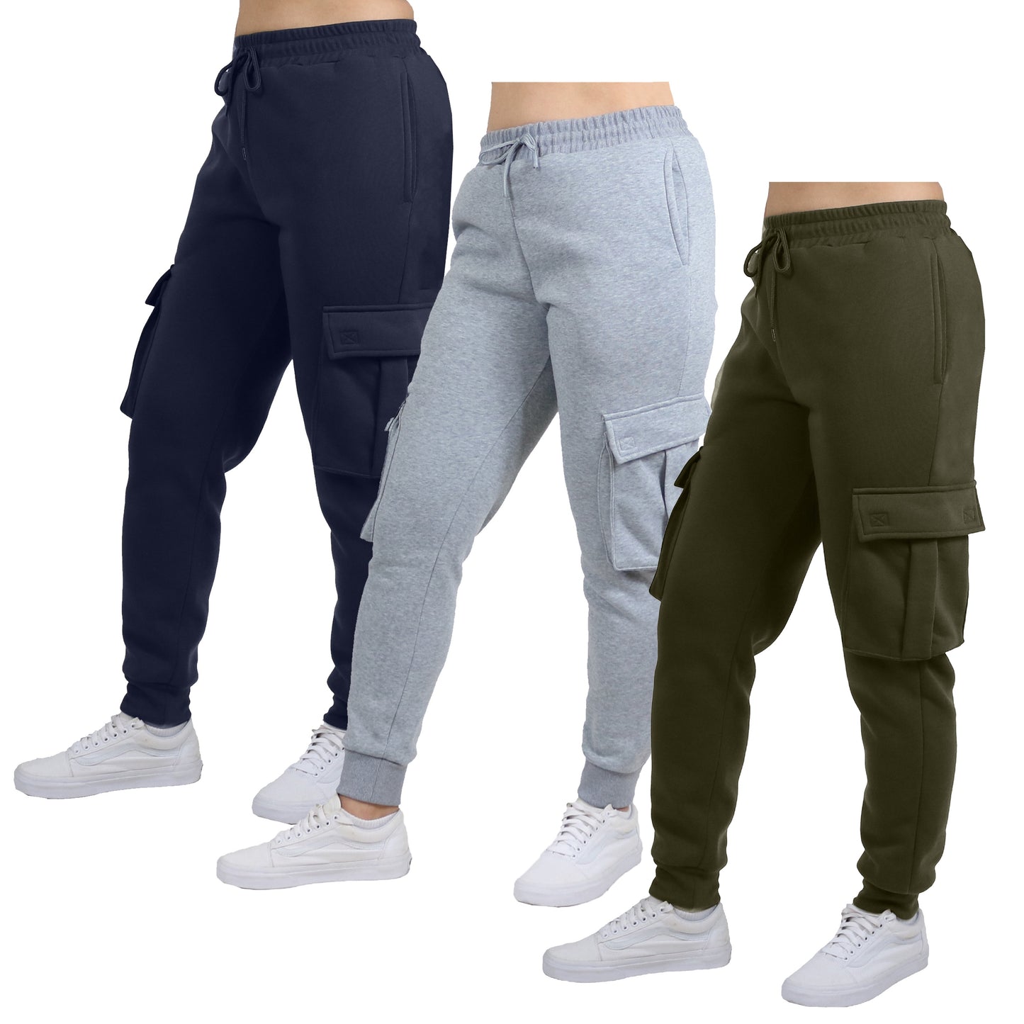 3-Pack Women's Loose Fit Fleece Jogger Sweatpants with Velcro Cargo Pockets (S-2XL)