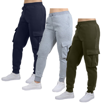 3-Pack Women's Loose Fit Fleece Jogger Sweatpants with Velcro Cargo Pockets (S-2XL)